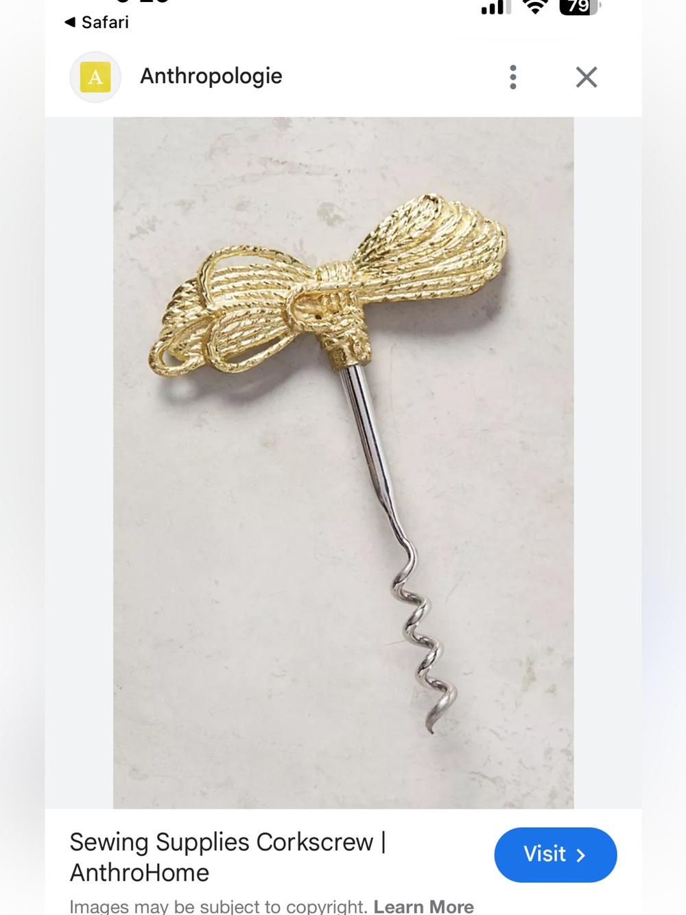Anthropologie Gold Brass Sewing Supplies Corkscrew - New, Never Used